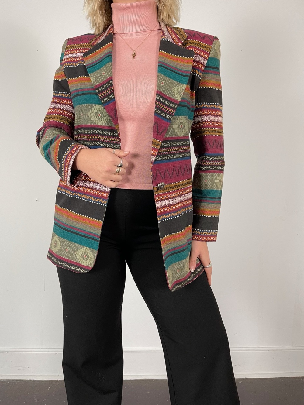 Vintage 80s Town & Travel Western Multi Pattern Jacquard Blazer - Picture 4 of 7